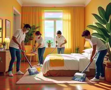a group of people are cleaning a bed