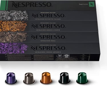 a box of coffee capsules with a variety of coffee capsules
