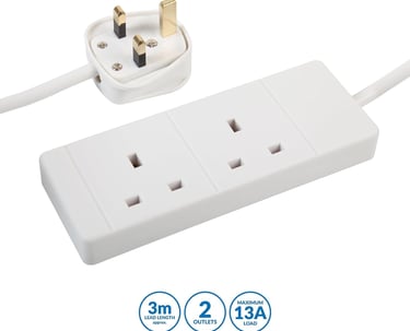 a white power outlet with two plugged in the middle and a plugged in