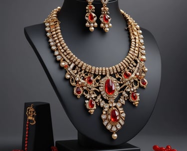 A bright, minimalistic display of various jewelry pieces on a clean surface.