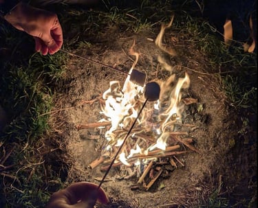Roasting marshmallows over a crackling campfire during a peaceful wild camping night in Poland