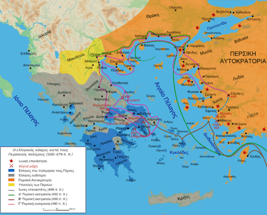 A map of almost all the parts of the Greek world that partook in the Persian Wars ,  Wikipedia