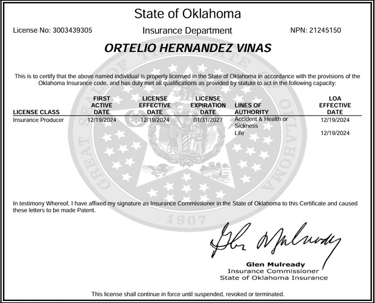 Licencia de Representante de Cliente de Seguros del Departamento de Servicios Financieros de Oklahom
