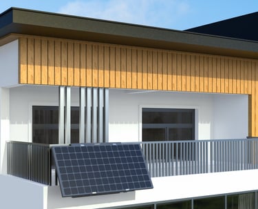 Versatile residential solar mounting system installed on a balcony, compatible with all inverters and panels, featuring adjus