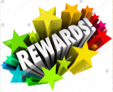 the word rewards in bold white font with rainbow stars around it