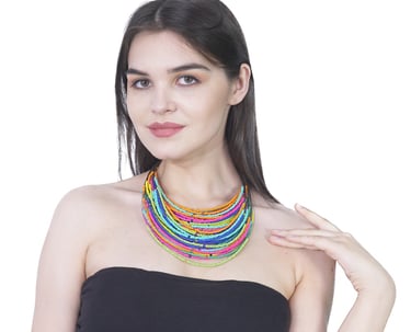 a woman wearing a multicolor handmade bohemian necklace