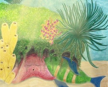 Cena de ilustração infantil com peixe descansando sob coral em um cenário marinho pintado a guache.