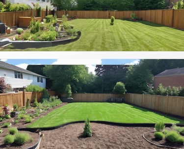 un jardin arrière avec une pelouse et un espace clôturé