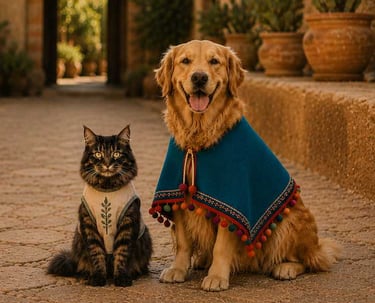 Un golden retriever que lleva un poncho azul está sentado al aire libre junto a un gato atigrado que viste un chaleco.