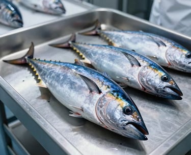 Fresh whole yellowfin tuna displayed on a stainless steel tray at a commercial seafood market facility.