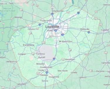 Roofing service areas map showing Louisville KY and surrounding communities served by Robert Hodges Roofing