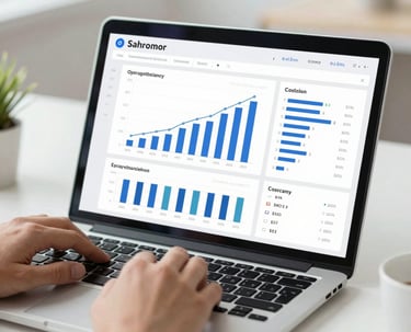 A business team celebrating success with charts showing growth and efficiency.