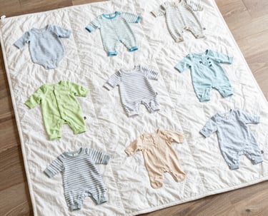 A soft, patchwork blanket made from colorful baby clothes, gently folded on a wooden chair.