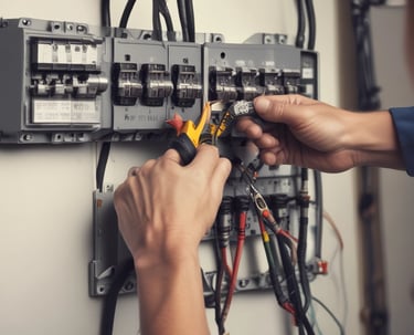A professional cleaning a water tank on a rooftop under bright daylight.