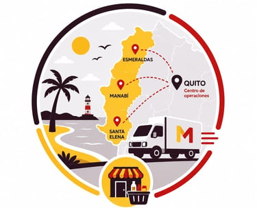 MAPA de Ecuador que muestra las rutas de entrega desde Quito hasta Esmeraldas, Manabí y Santa Elena