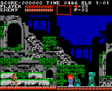 Classic 8-bit Castlevania NES gameplay showing Simon Belmont in a gothic castle level.