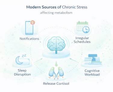 Infographic showing modern sources of chronic stress affecting metabolic health.