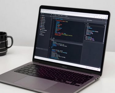 A professional close-up of a high-end laptop display showing modern code and web design interfaces on a minimalist clean desk in Germany, subtle crimson red and matte blue reflections, highlighting IT excellence