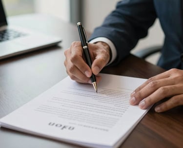 Real-world close-up photography of a Brazilian lawyer's hands signing formal corporate documents with an elegant pen on an upscale dark office desk. Soft natural side lighting, professional and premium look.