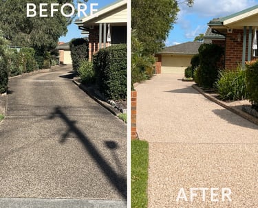 Before and after of a pressure cleaned multi unit strata pebblecrete driveway