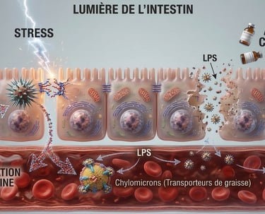 Schéma sur l'action du stress et des additifs chimiques sur la paroi intestinale