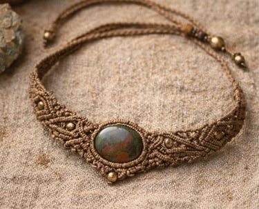 Collar gargantilla de macramé boho hecho a mano con una piedra de jaspe natural y cuentas de latón 