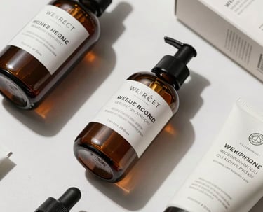 A beautiful flat lay of a high-end wellness product line with professional labels and packaging, shot in a bright, modern studio.