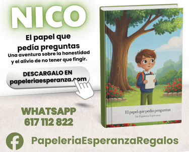 Libro infantil Nico El papel que pedía preguntas de Papelería Esperanza sobre la honestidad.