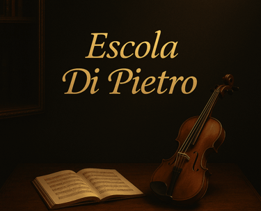 Cena refinada e acolhedora com uma escrivaninha de madeira escura, um violino clássico em destaque e