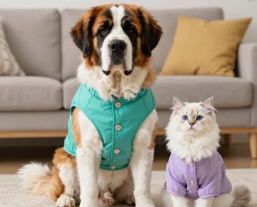 perro san bernardo con chaleco verde turquesa a un lado de un gatito blanco peludo con pijama lila