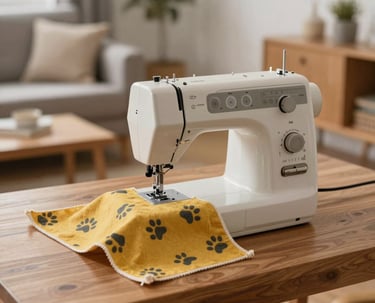 máquina de coser sobre mesa de madera con tela amarilla mostaza con huellitas de perro en medio de una sala