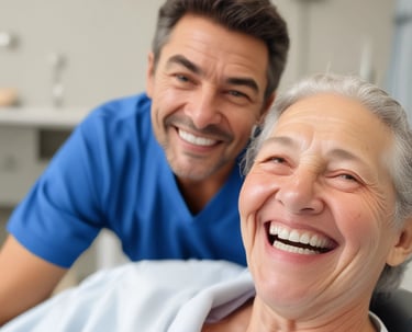 A dental professional is wearing a mask and a blue surgical cap adorned with dental-themed prints. She is looking back towards the camera in a dental clinic setting. Another person in a white uniform is seated in the background near dental equipment. The room is bright and clean, featuring dental chairs and tools.