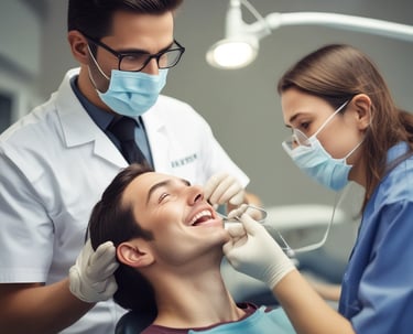 A dental professional is wearing a mask and a blue surgical cap adorned with dental-themed prints. She is looking back towards the camera in a dental clinic setting. Another person in a white uniform is seated in the background near dental equipment. The room is bright and clean, featuring dental chairs and tools.