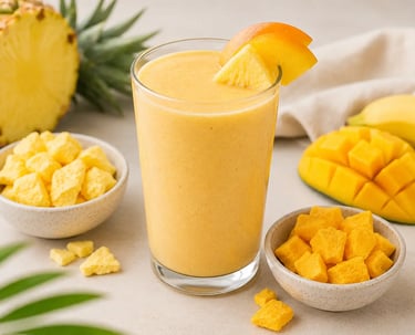 A glass of tropical mango and pineapple smoothie surrounded by fresh fruit ingredients and chunks.