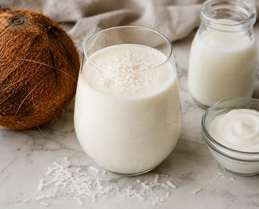 Creamy coconut smoothie in a glass topped with flakes, next to a fresh coconut and greek yogurt.