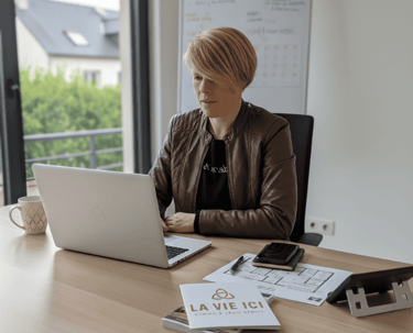 Betty Papail travaillant sur une estimation immobilière à son bureau de Pluneret pour La Vie Ici