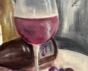 a painting of a wine glass with grapes and a bottle of wine