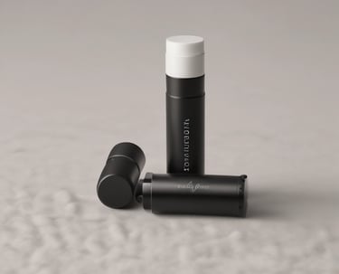 A trio of facial skincare products, including a toner, serum, and cream, are neatly arranged on a wooden slab with a decorative flower and a green leaf beside them. The products have metallic caps, and the packaging features minimalist design with red and black text.