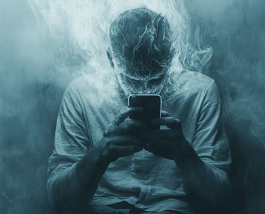 a man in a white shirt is holding a cell phone