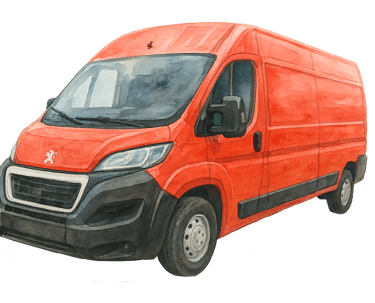 Ein roter Peugeot Lieferbus