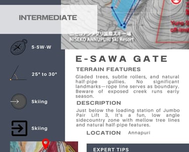Niseko Gate 7 (E-Sawa Gate) info card. Intermediate. Gladed trees, subtle rollers, natural half-pipe gullies.