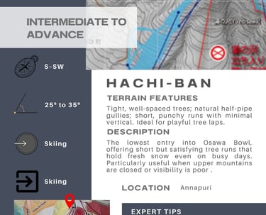 Niseko Gate 8 (Hachi-Ban) info card. Int-Adv. Tight, well-spaced trees, half-pipe, short punchy runs.