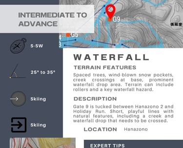 Niseko Gate 9 (Waterfall) info card. Int-Adv. Spaced trees, snow pockets, creek crossing, waterfall hazard.