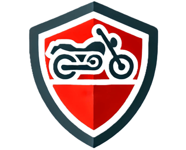 Ícono de un escudo con una motocicleta, representando seguridad y protección en transporte.