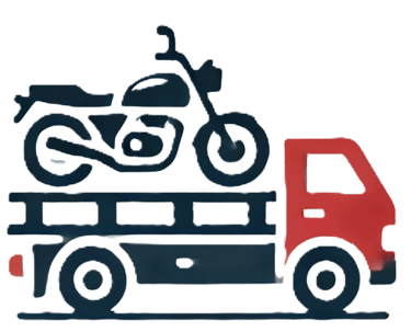 Ícono de un camión de plataforma transportando una motocicleta, simbolizando logística y envío.