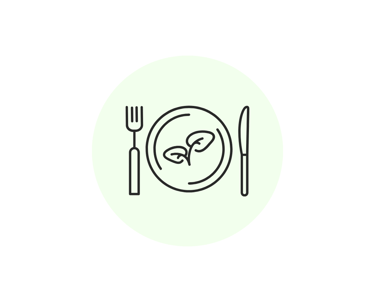 Ícone de prato com folhas verdes e talheres, sugerindo refeições equilibradas e nutritivas.