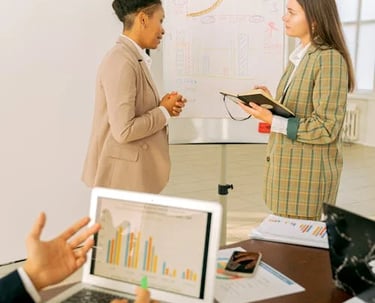 CFO consultant explaining financial projections to client team