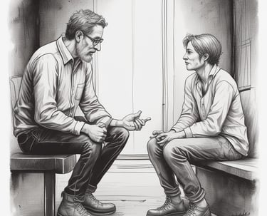 A stained glass artwork depicting a bearded man holding a child. The man is dressed in robes and holds a white lily, while the child is seated in his arm, wearing a pink robe and holding a symbolic object. The background consists of intricate patterns in vibrant colors, including blue and red, forming a halo effect around both figures.