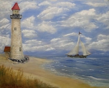 a painting of a lighthouse with sailboat on the ocean 