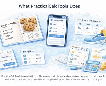AI-powered calculators and smart tools processing real-world data for conversions, budgeting, recipes,everyday calculations